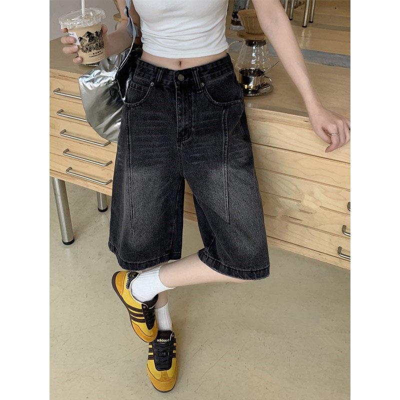 美式复古黑灰色牛仔中裤女2025年夏季小个子高腰直筒宽裤六分裤