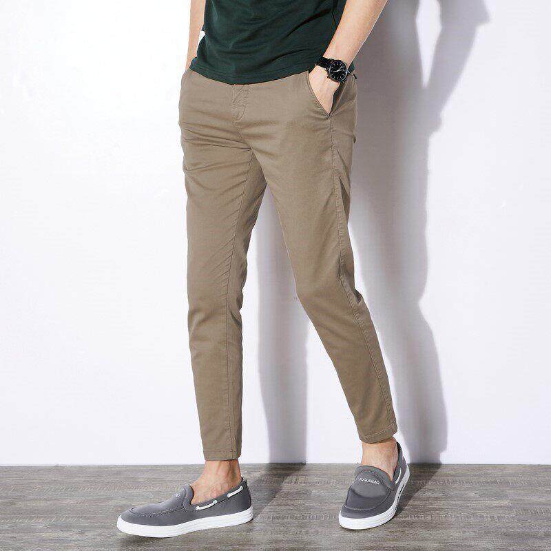 香港潮牌男士九分裤修身显瘦小脚裤韩版时尚简约纯棉锥形休闲裤男