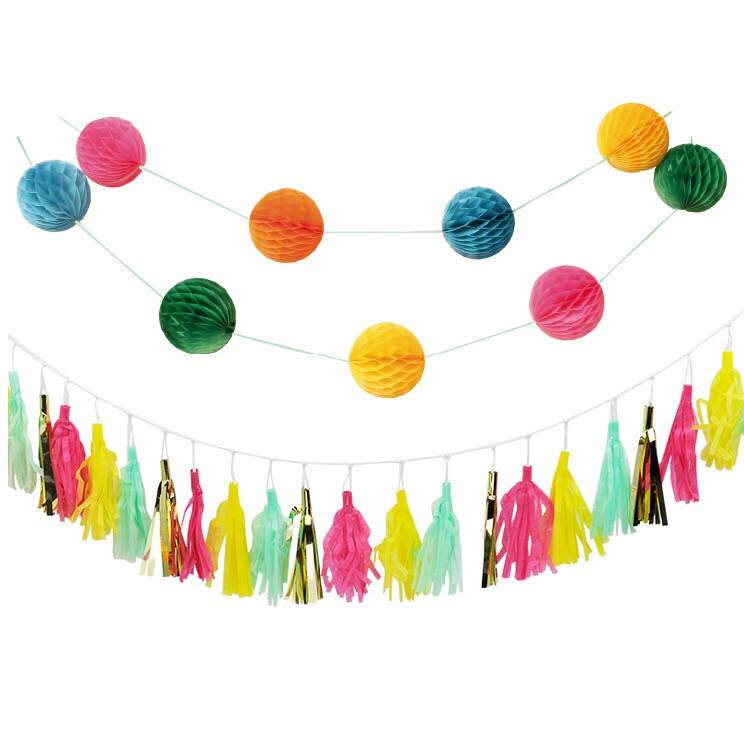 彩色蜂巢蜂窝球纸花球串旗纸流苏挂饰婚礼节日生日派对装饰套装