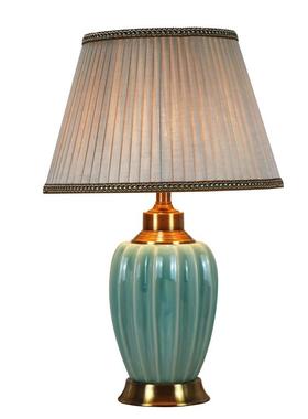 高档灯美客厅式代陶瓷台灯中式样板房卧室床头灯欧式简约现蓝色台