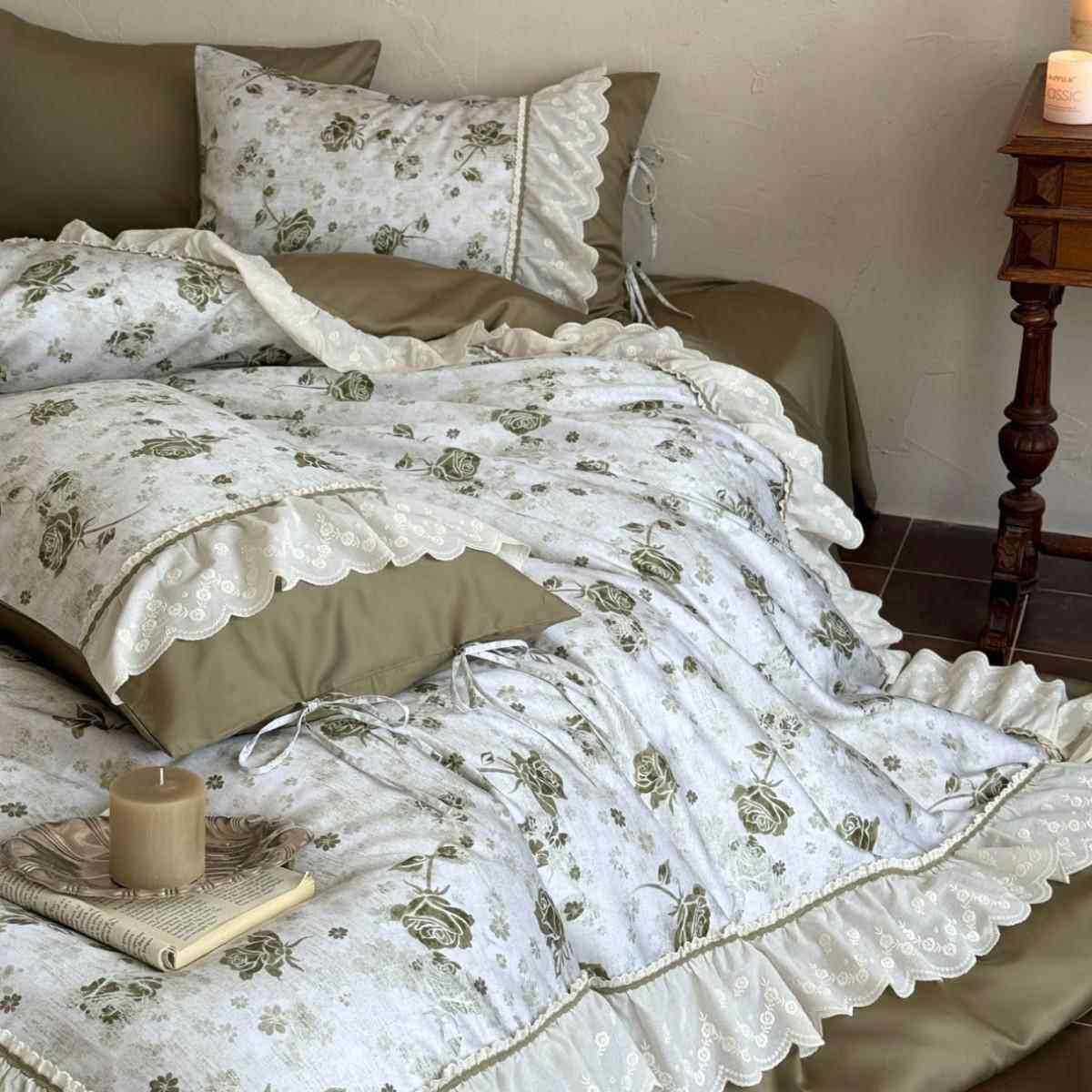 长绒棉田园风复古蕾丝花边被套全棉法式古典四件套玫瑰数码印花