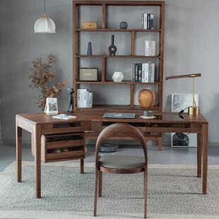 北约美黑胡桃书桌奢全实木办角公桌现代简樱桃木轻转多功XZA能电