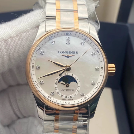 盒证9.8新 浪琴名匠钢18K金自动机械表月相钻石女表L2.409.5.89.7