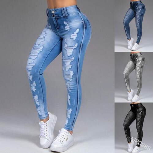 Ladies' jeans with ripped holes look slim, stretch jeans,
