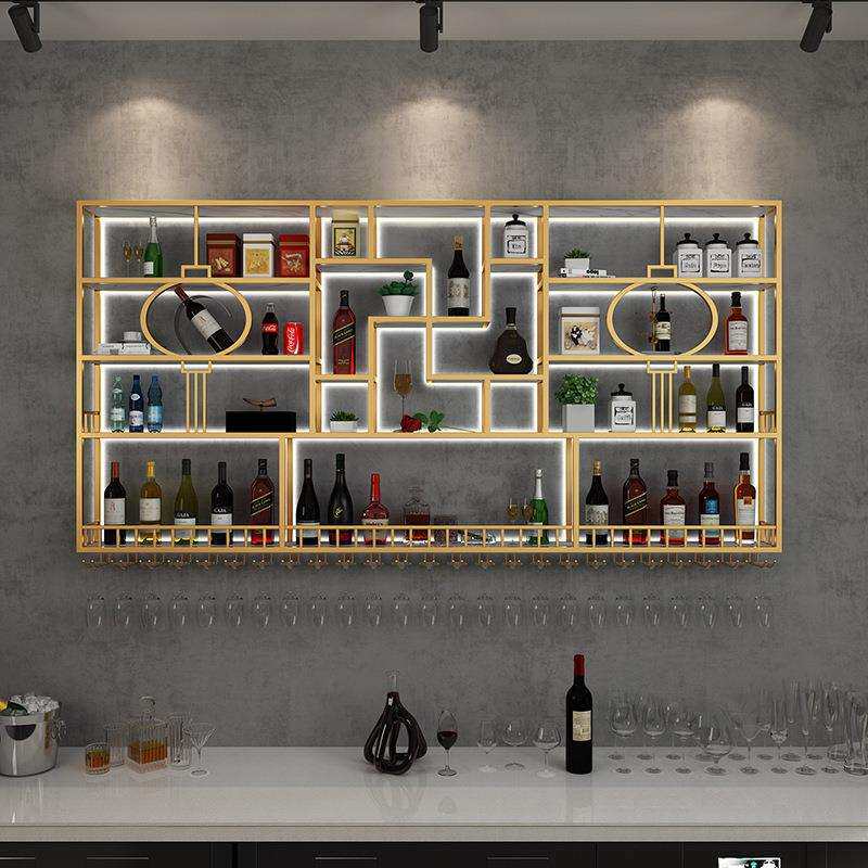 餐饮店带灯光酒水展示架 酒馆壁挂式酒架 酒吧铁艺烤漆置物架