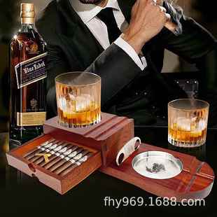 现货木质雪茄烟灰缸威士忌玻璃托盘木制烟灰缸带雪茄切割器相思木