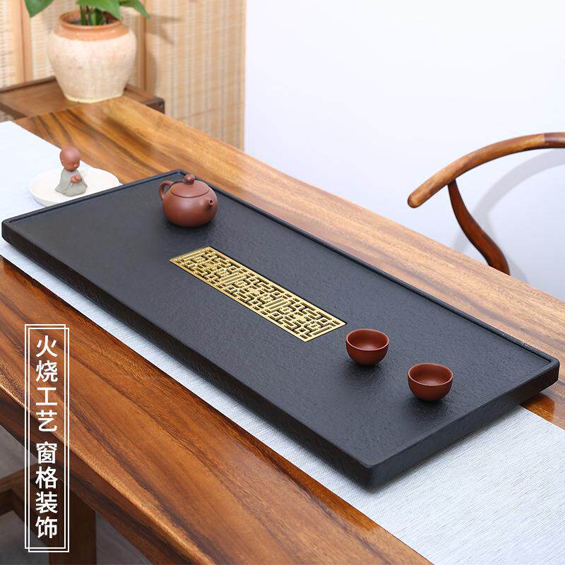 金石盘茶盘块天然石头家窗格（火用排水整石材黑金石茶台茶乌海托