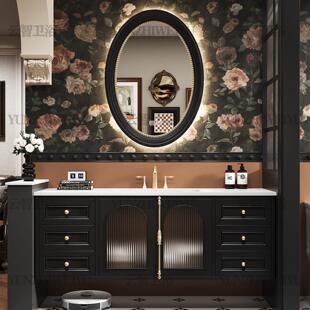 法式复古橡木浴室柜组合美式卫生间岩板热弯陶瓷一体洗手洗脸盆柜