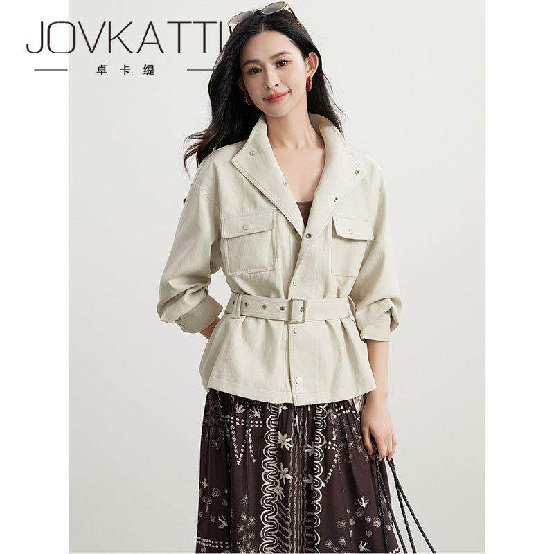 春季新款JOVKATTI百搭气质腰带收腰显瘦皮衣上衣工装风翻领短外套