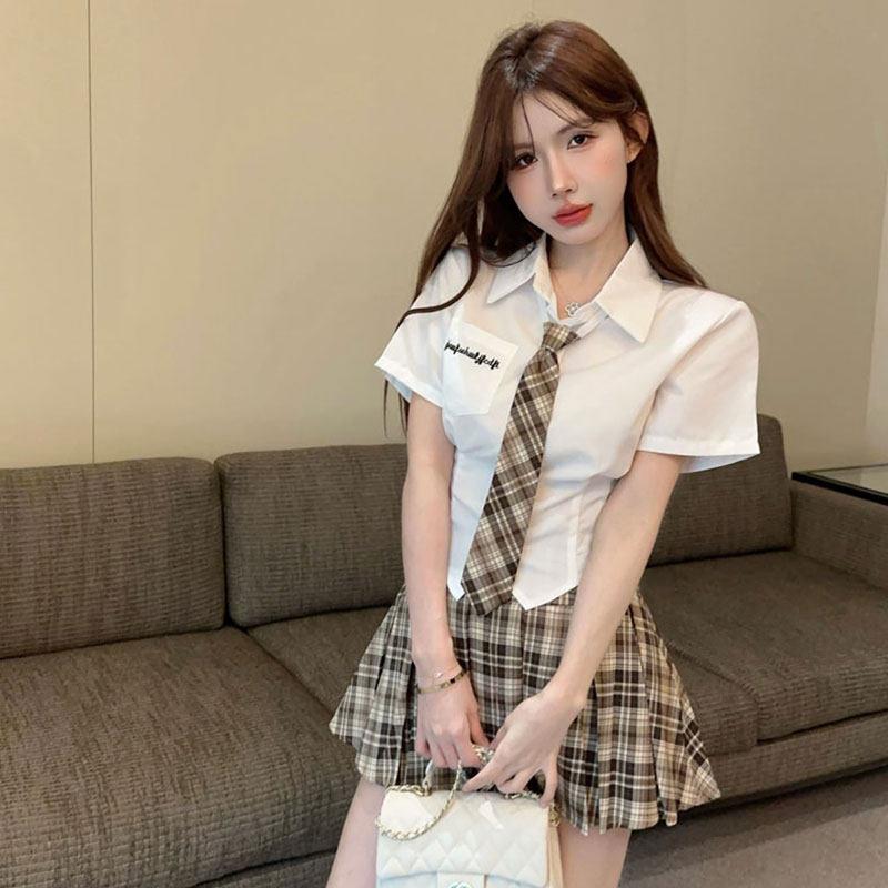 美式校服学院风小众设计感制服有领带衬衫+高腰百褶裙辣妹套装