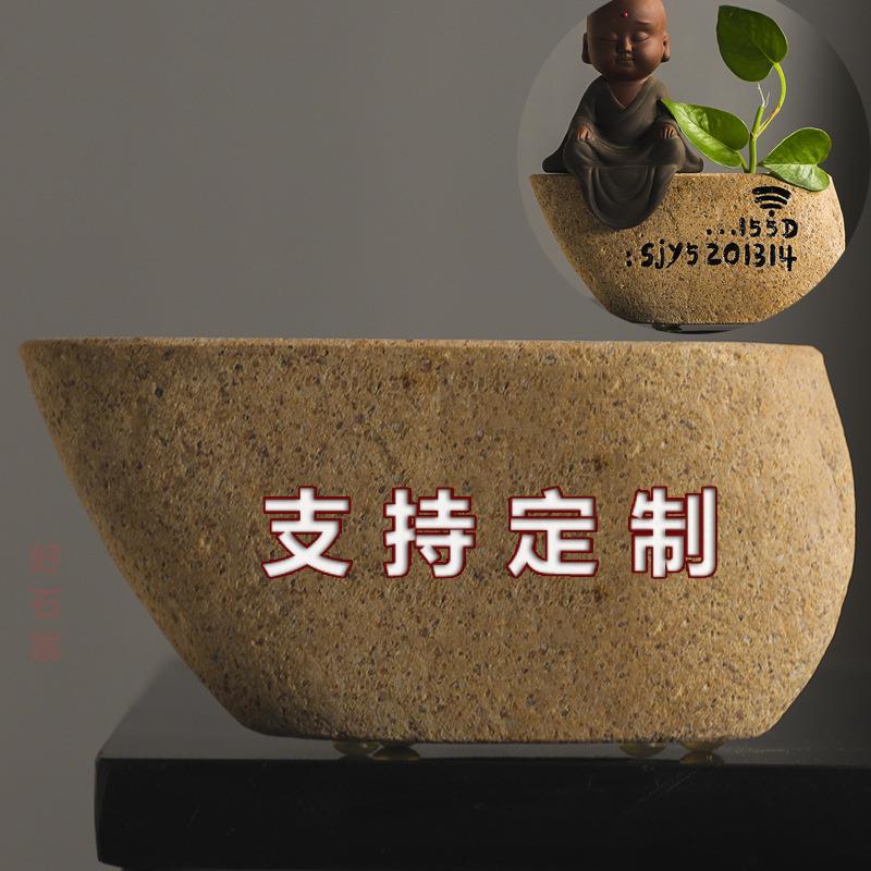 石头底座刻字花器玄关摆件 禅意空间办公桌收银台石点缀装饰品