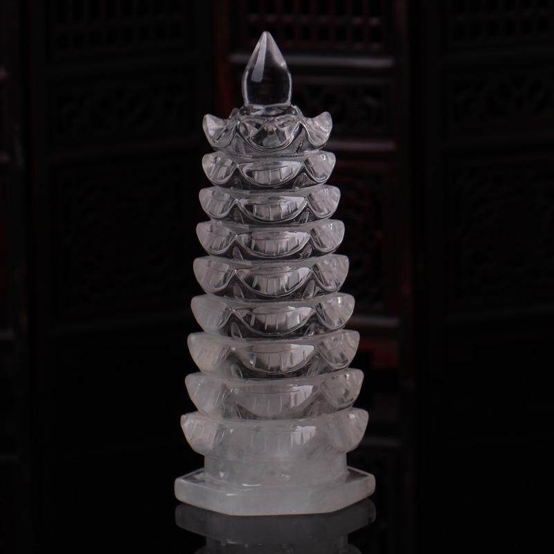 天然白水晶文昌塔摆件 九层 天然水晶 手工雕刻