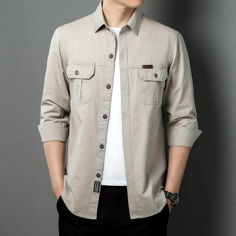 工装长袖衬衫男士纯棉百搭休闲帅气大码衬衣春秋薄款外套翻领上衣