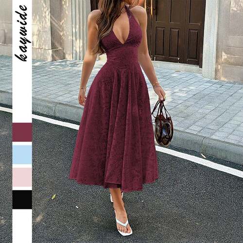 V Back Tie Strap Dress Halter Neckline Waist Cinch Flowy