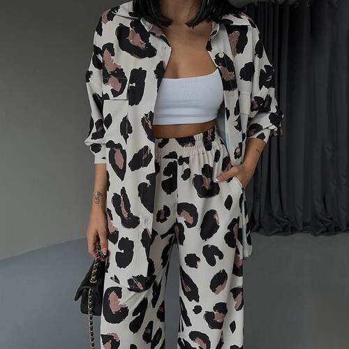 Women's Leopard Print Pant Set without Cami Top Button