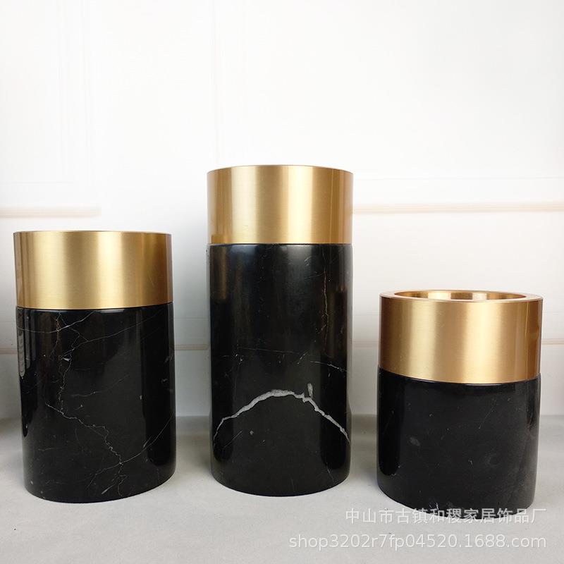 家居软装饰品桌面花插样板房花瓶摆件黑色大理石花器金属质感花器