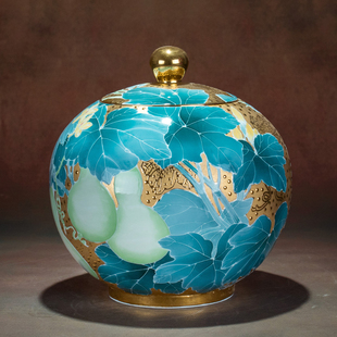 真黄金密封茶叶罐储茶罐子肖建辉原创手绘茶具防潮新中式装饰摆件