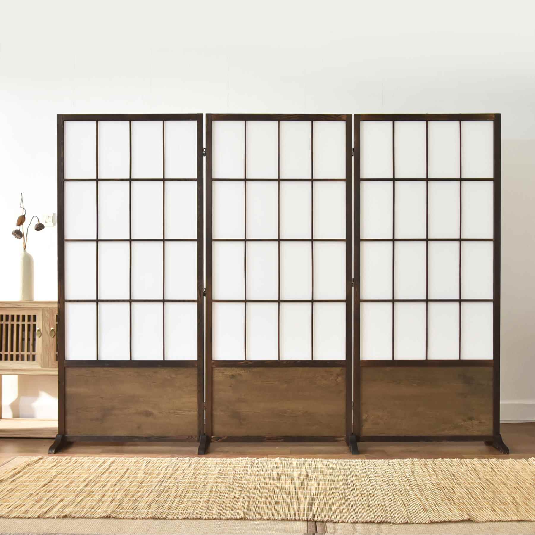 高档日式屏折风断意移动屏简约现代客禅厅玄关酒店樟子格摄影道隔