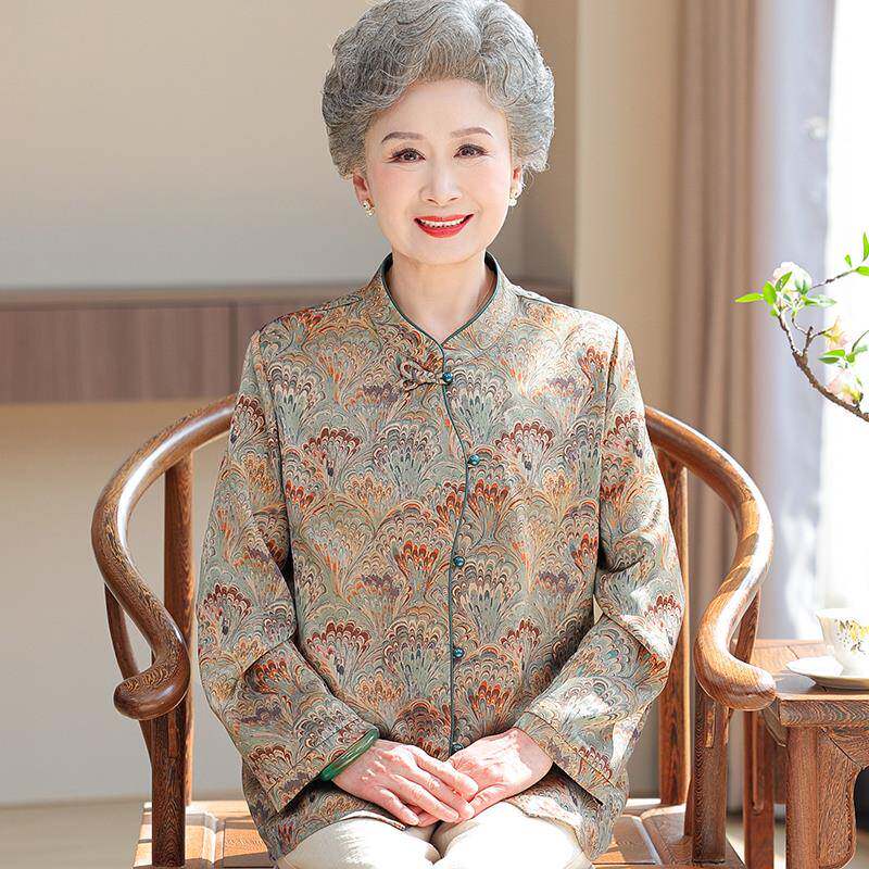 中老年人奶奶夏装桑蚕丝衬衫女开衫两件套长袖大码重磅真丝上衣薄