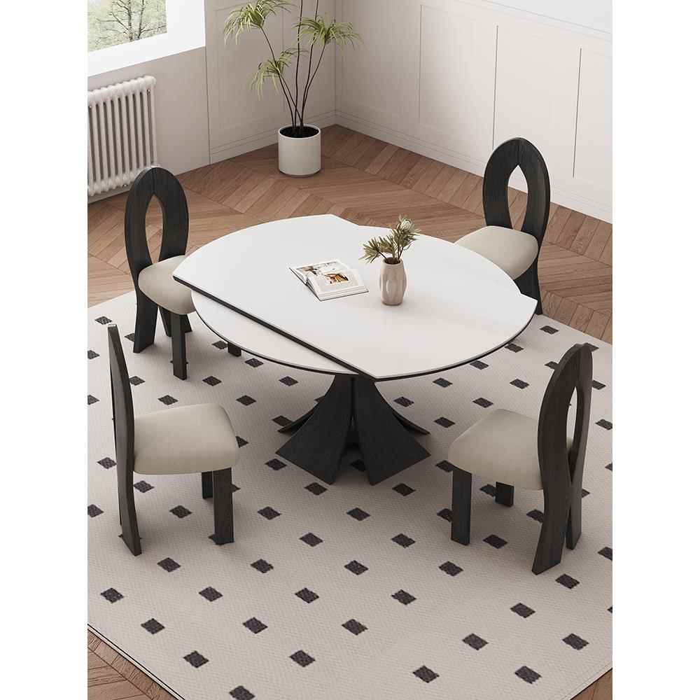 正品法覆古伸缩岩板桌白色家餐式用小户型意式轻奢窈窕圆形实木餐