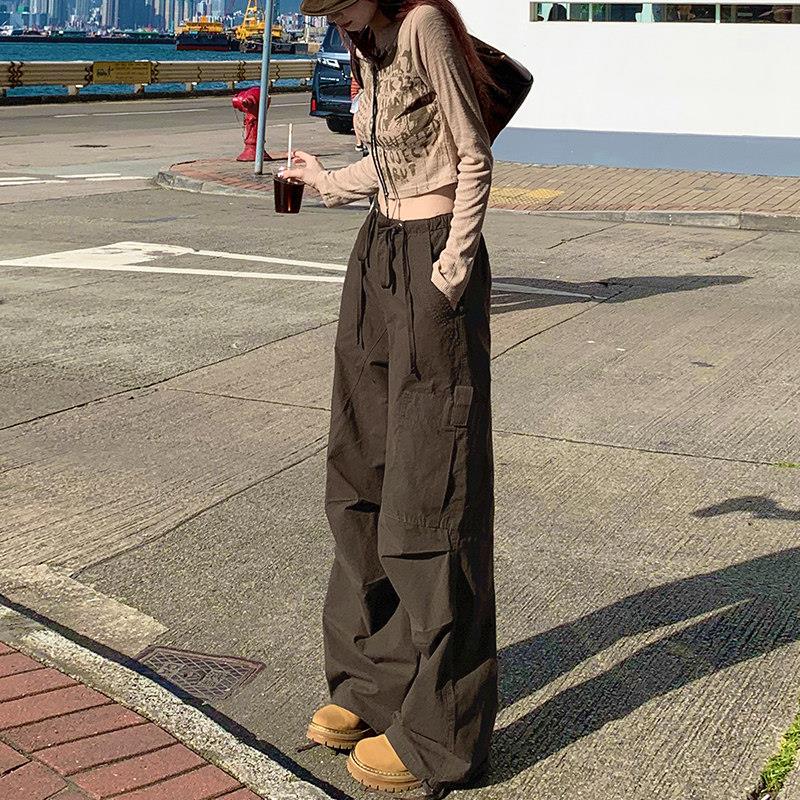 英国DGKP美式高街工装阔腿裤女高腰辣妹松紧腰直筒慵懒风休闲裤子
