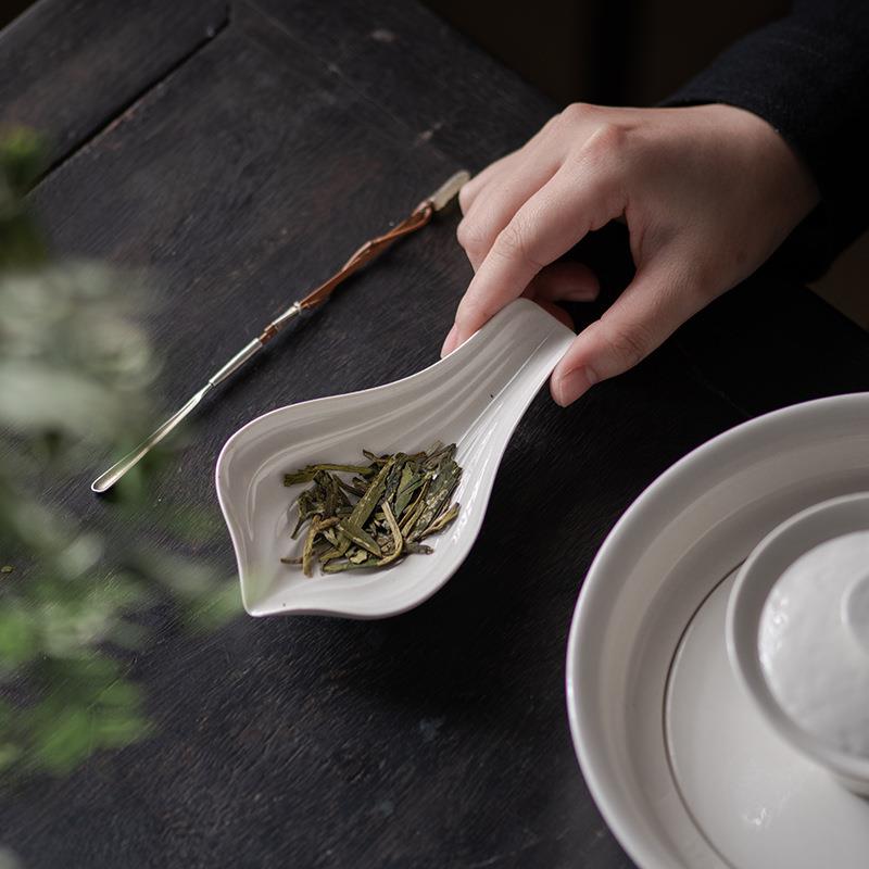 复古草木灰釉日式茶则茶荷家用功夫茶具配件陶瓷赏茶勺取茶醒茶器