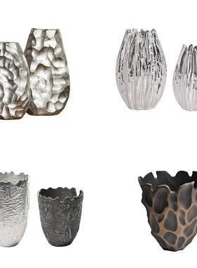 欧式现代简约铝制金属锤纹花器银色花瓶摆件样板间酒店客厅装饰品