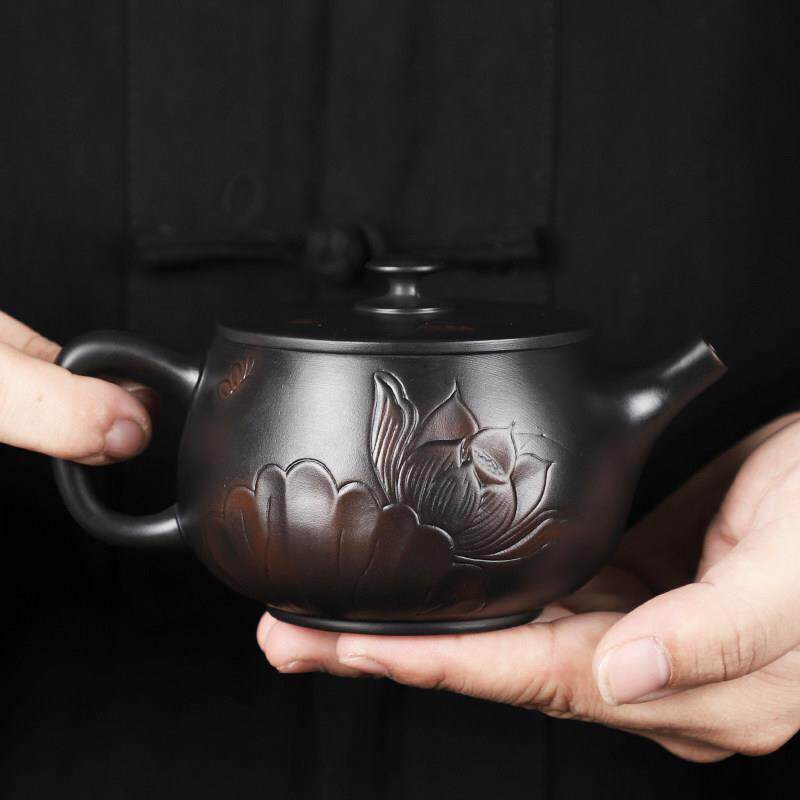 云南紫陶壶纯手工浮雕荷花汉瓦壶单壶家用茶具高档茶壶凤鸣壶复古