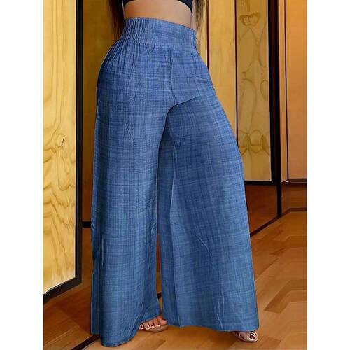 Plus Size Plain Shirred High Waist Wide Leg Pants Casual
