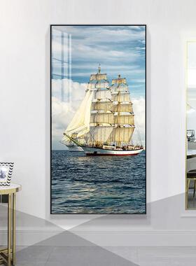 一帆风顺玄关装饰画帆船蓝色大海风景进门过道背景墙壁画挂画竖版