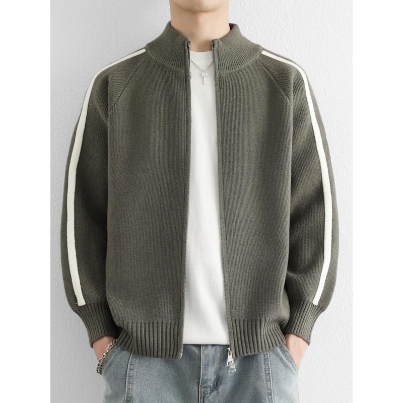 秋冬毛衣男士新款上衣感针织衫外套男条纹织带开衫男休闲立0926c