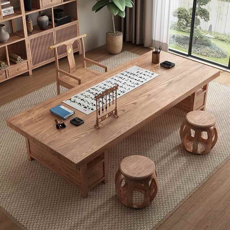 客厅大长书桌椅组合原实木工作台家用老板办公会议桌新中式书法桌