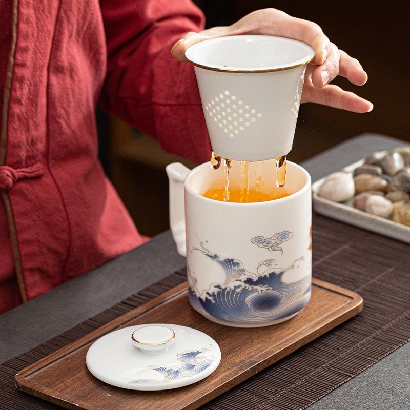 白瓷办公杯福跃陶瓷马克杯茶水分离带盖过滤泡茶个人杯子