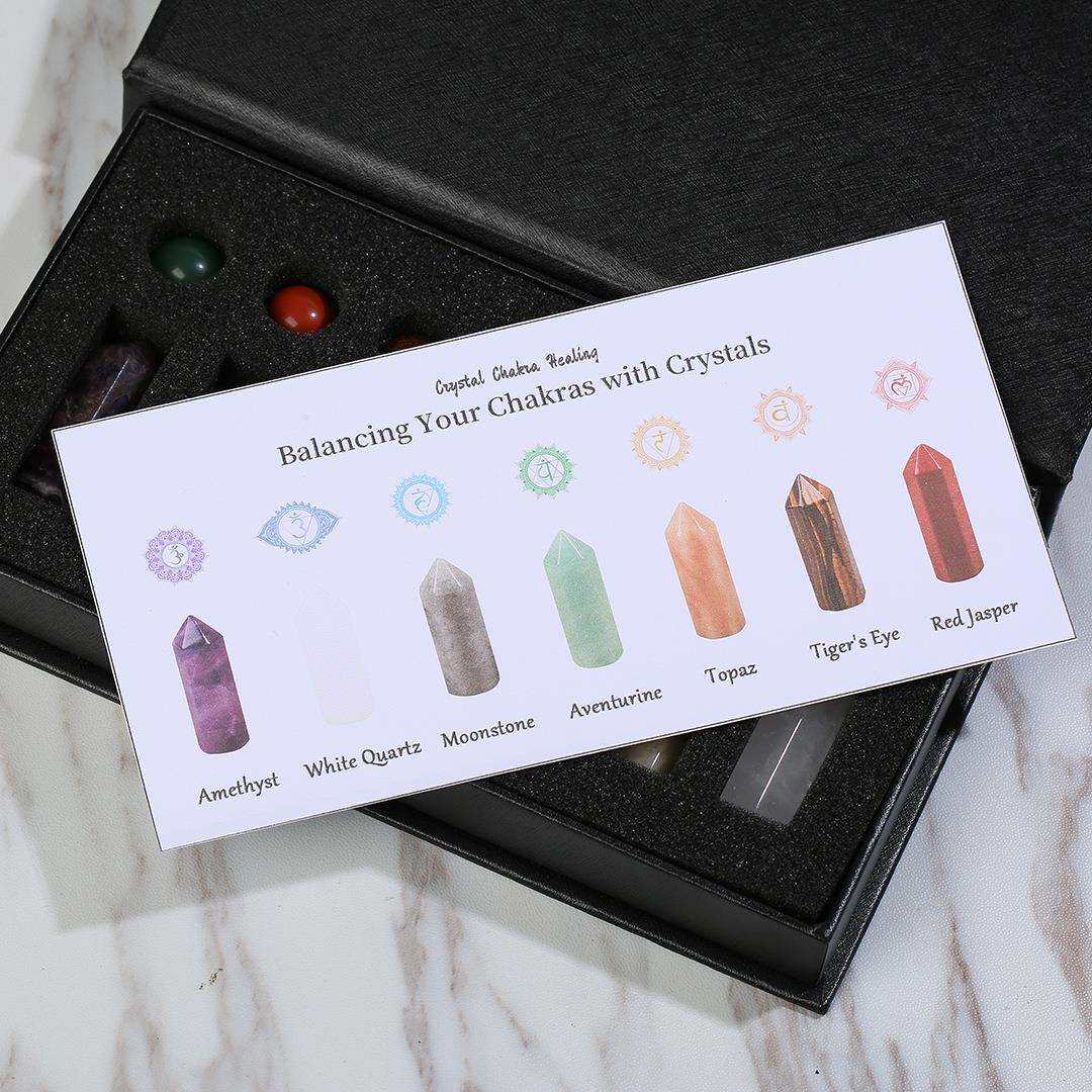 天然粉紫白水晶七色招七chakra水晶柱子套装组合六面柱水晶工艺品