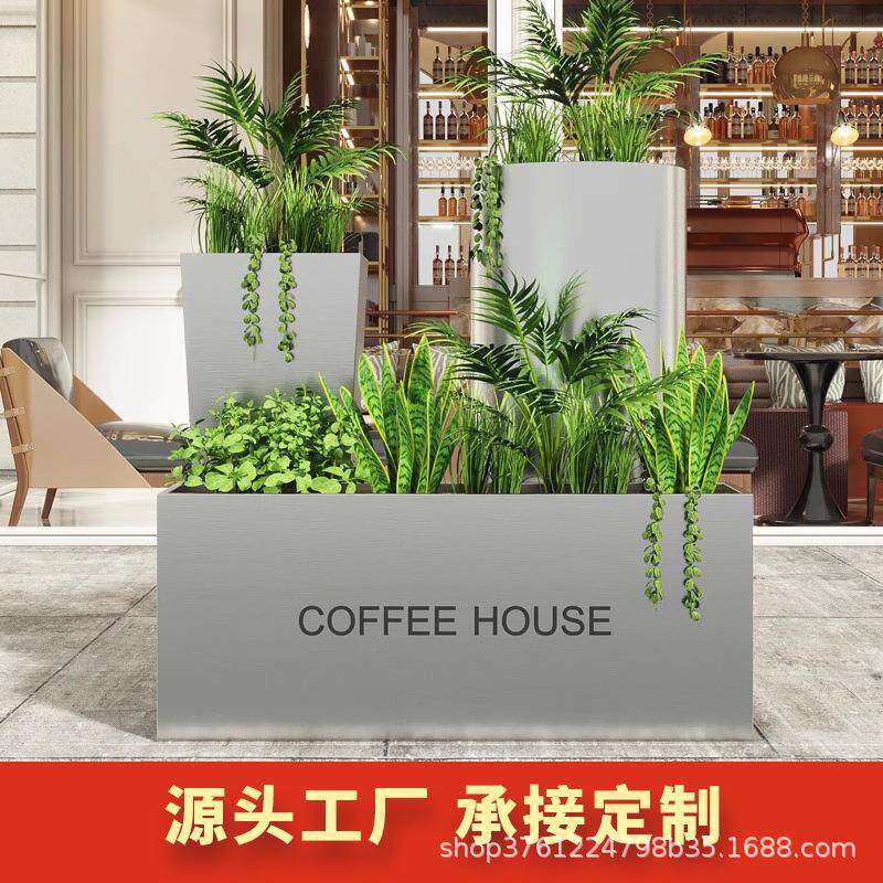 不锈钢长方形花箱户外圆形金属花盆铁艺市政花槽护栏隔断外摆围栏