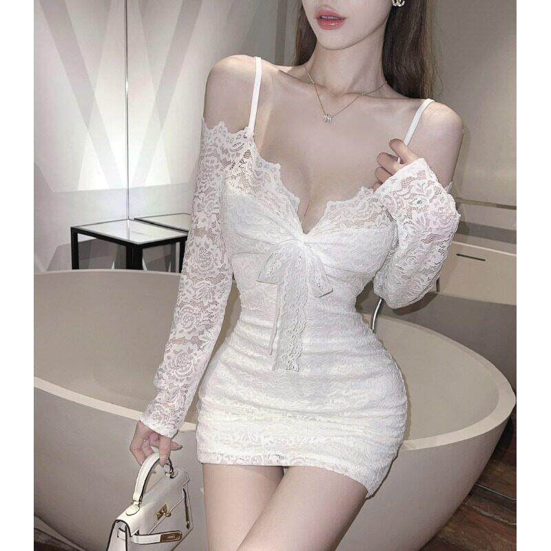 纯欲风性感蕾丝露肩吊带裙紧身包臀长袖洋装女修身显瘦气质短裙