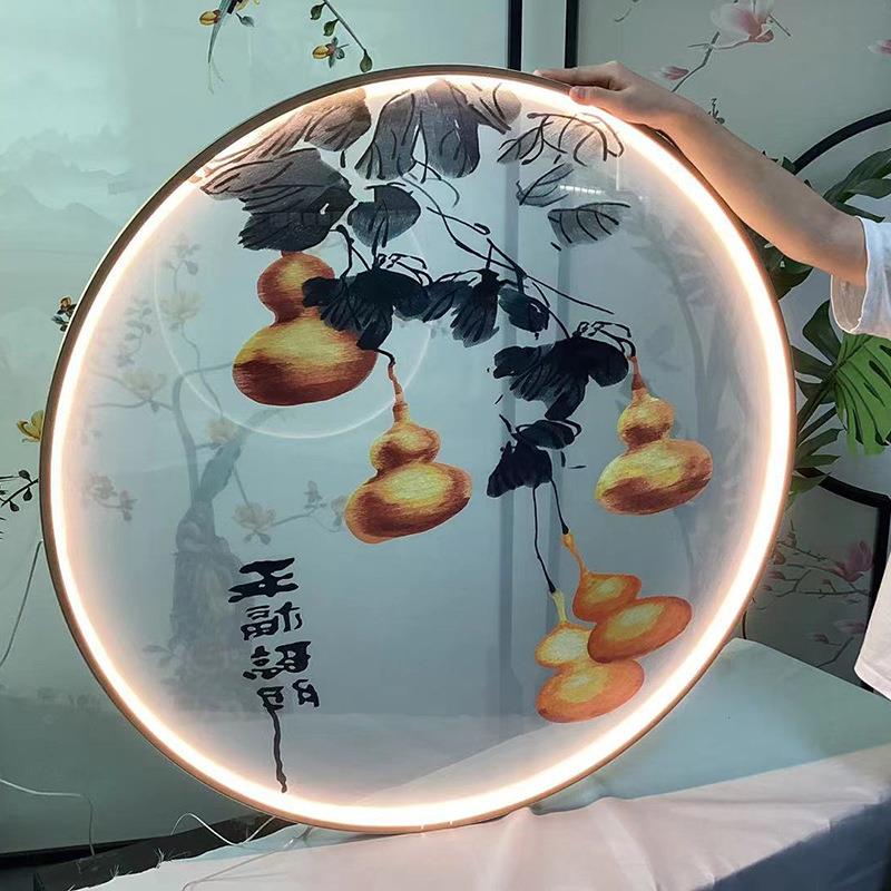 双半88-6透纱布刺绣苏绣实木屏风玄关隔断花格画葫芦明临福禄五面