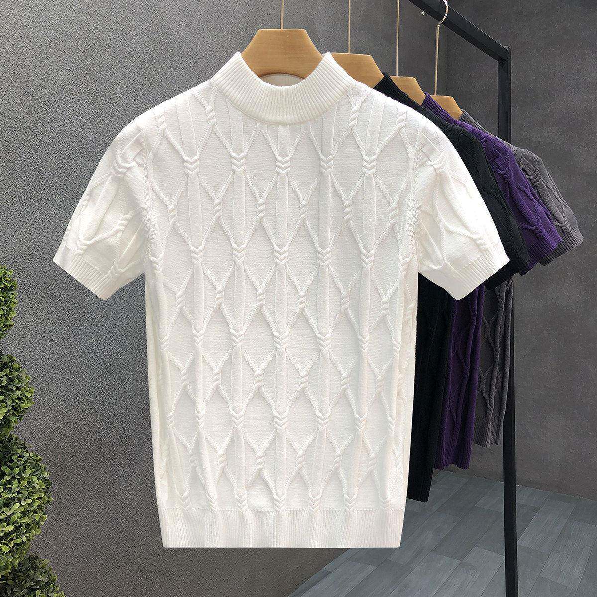 高端菱形格提花白色毛衣男春秋季薄款针织衫t恤半高领短袖打底衫