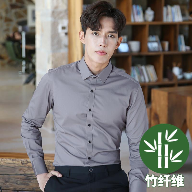 高档婚白衬衫男长袖高级感商修白身抗皱工作服工装伴郎务结男士色