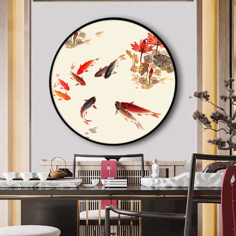 图画圆餐厅客厅装饰挂画招财背景九墙锦鲤壁画鱼玄关鱼入户中式