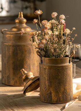 美式复古摆做旧铁A2836艺花瓶花金色桌面筒花艺课插花器民宿花装