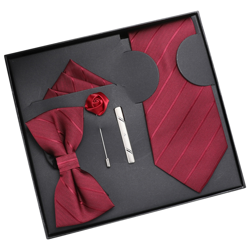 5件套酒红领带男结婚婚礼新郎领结方巾领带夹高档情人节生日礼物