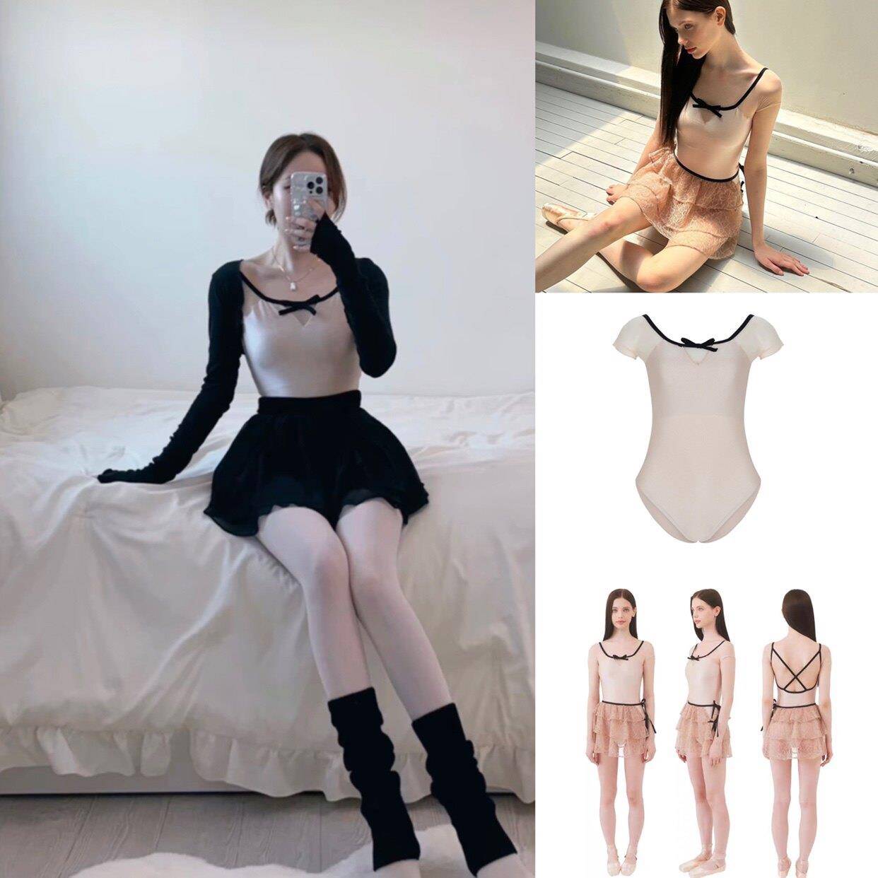 现货芭蕾练功体服蝴蝶结蕾丝短袖成人女中国舞基训形体连体舞蹈服