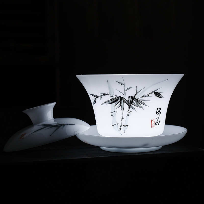 高端手绘冰种玉瓷三才盖碗功夫茶具办公家用泡茶碗釉下彩礼品印制