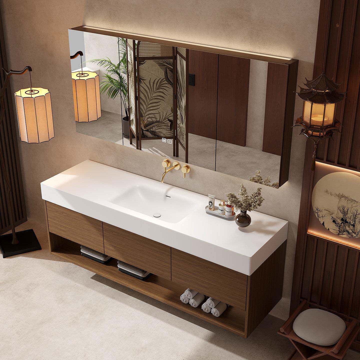 中古风可丽耐一体盆浴室柜卫生间岩板热弯洗漱台洗脸盆洗手池定制