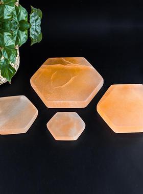 简约风透石膏片水晶片瑜伽水晶阵天然橙色六边形透石膏板雕刻件