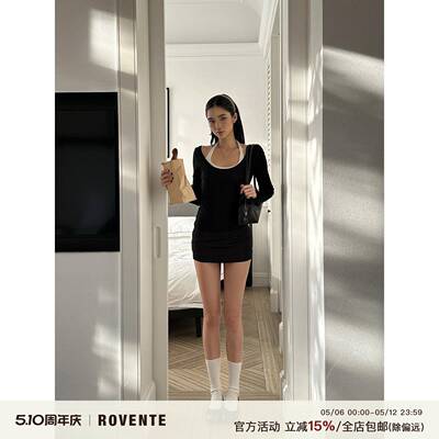 rovente 叠搭buff黑色真两件T恤女修身上衣短款包臀半身裙套装