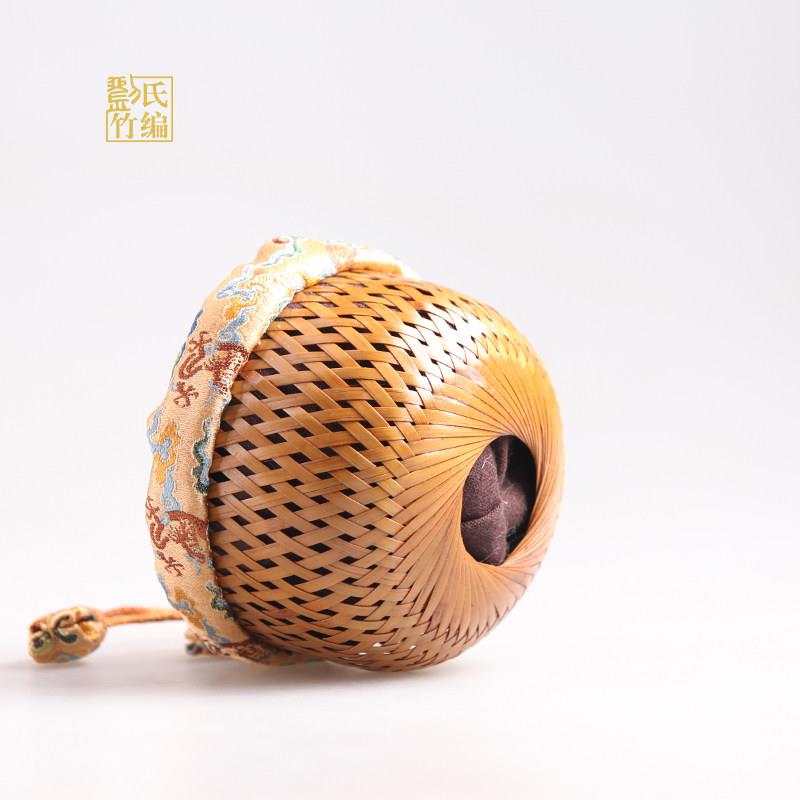手工竹编茶道主人杯篓带内衬大漆宋锦覆古收纳布袋可携式茶具茶杯