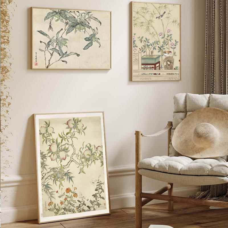新中式玄组关装饰画合仿工笔花鸟国古画客厅艺WQD术挂卧室书画房