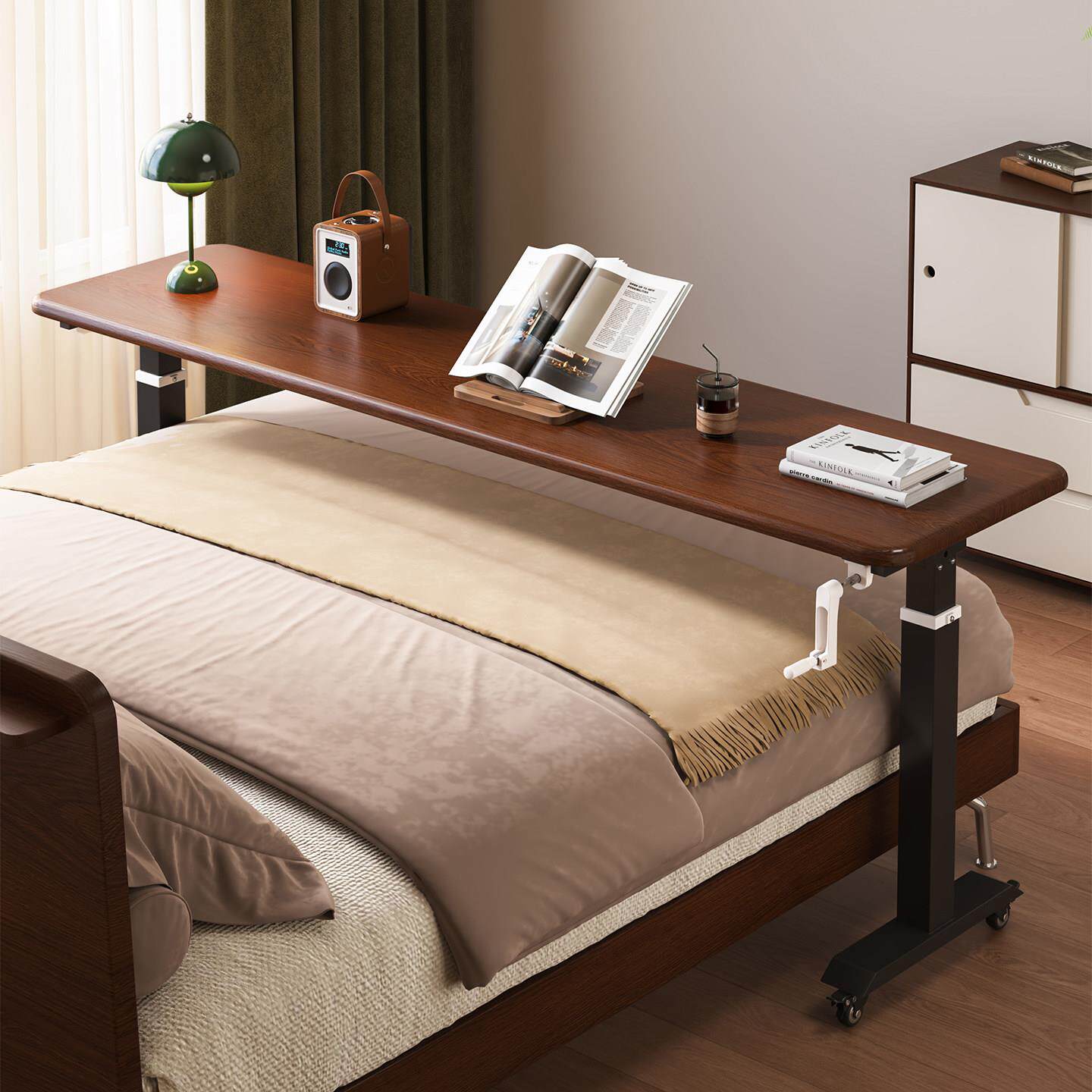 实木升降跨床桌可移动床上桌电动调节电脑桌床边手摇长条窄桌子